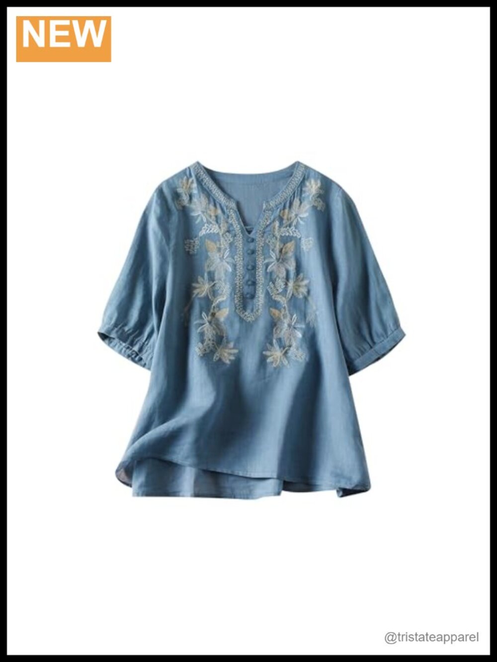Women's Cotton Linen Embroidery 3/4 Sleeve Button Down Tunic Blouse
